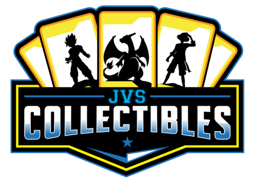 Logo of JVS Collectibles with silhouettes of characters on cards